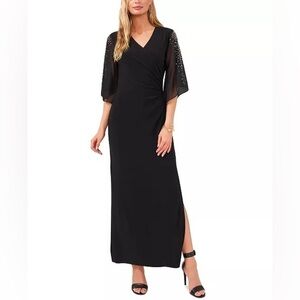 MSK Womens  Beaded Trim Chiffon Sleeve Surplice Maxi Gown, black size S